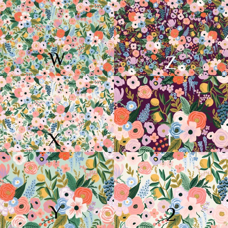 May include: A collage of six fabric swatches featuring floral patterns with various background colors including light green, dark purple, and cream. Each section is labeled with a letter or number, displaying clusters of pink, orange, and blue flowers.