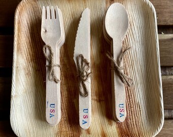 USA Labor Day Wooden Cutlery Set for 10 ppl Red, White and Blue Cutlery, Wooden Cutlery Set, Patriotic Party Decor, Eco Cutlery