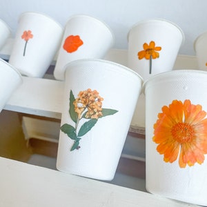 Compostable Orange Floral Party Cups, Disposable Cups, Flower Party Decor, Eco-friendly Party Supplies, Compost at home image 6