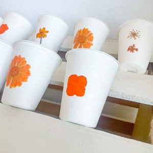 Compostable Orange Floral Party Cups, Disposable Cups, Flower Party Decor, Eco-friendly Party Supplies, Compost at home image 5