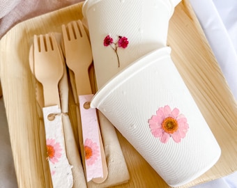 Pink Eco-Friendly Wooden Disposable Cutlery Set for 20, pre-rolled Compostable Disposable Fork Knife and Spoon, Pink Party Supplies