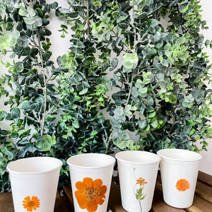 Compostable Orange Floral Party Cups, Disposable Cups, Flower Party Decor, Eco-friendly Party Supplies, Compost at home image 4