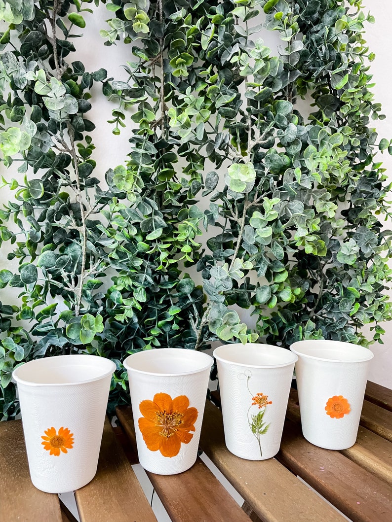 Compostable Orange Floral Party Cups, Disposable Cups, Flower Party Decor, Eco-friendly Party Supplies, Compost at home image 4