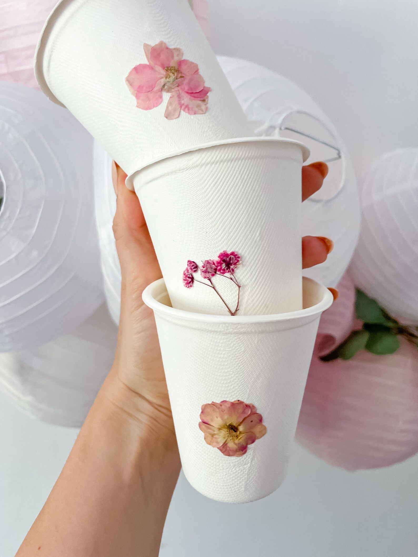 Pink Party Cups With Dried Flower Decor Compostable Etsy
