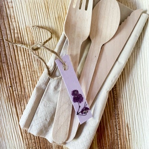 Purple Eco-Friendly Wooden Disposable Cutlery Set for 20, pre-rolled Compostable Disposable Fork Knife and Spoon, Purple Party Supplies image 4