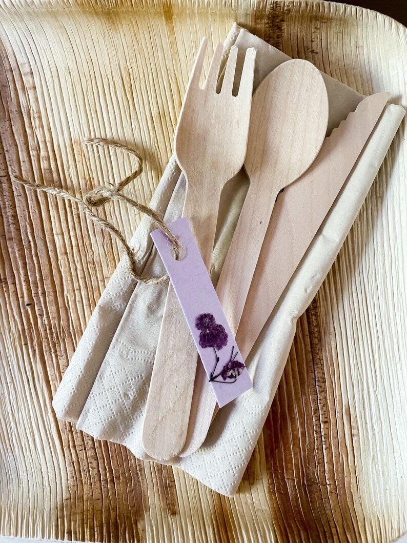 Purple Eco-Friendly Wooden Disposable Cutlery Set for 20, pre-rolled Compostable Disposable Fork Knife and Spoon, Purple Party Supplies image 4