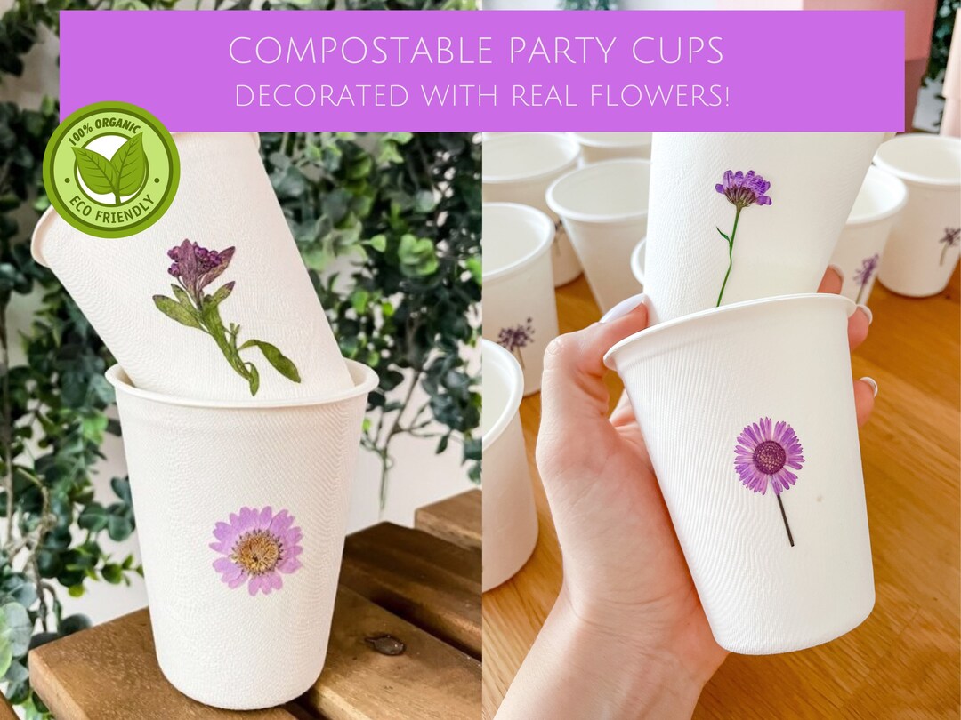 Purple Party Cups With Dried Flower Decor, Compostable, Biodegradable