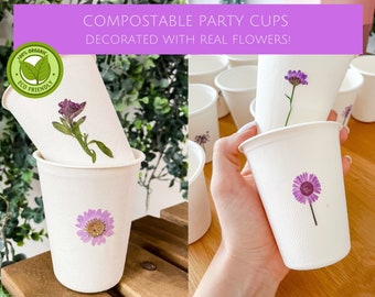 Purple Party Cups with Dried Flower Decor, Compostable, Biodegradable, Eco-Friendly Disposable Cups, Purple Cups (25 cups)