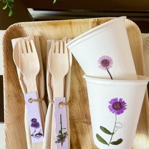 Purple Eco-Friendly Wooden Disposable Cutlery Set for 20, pre-rolled Compostable Disposable Fork Knife and Spoon, Purple Party Supplies image 1
