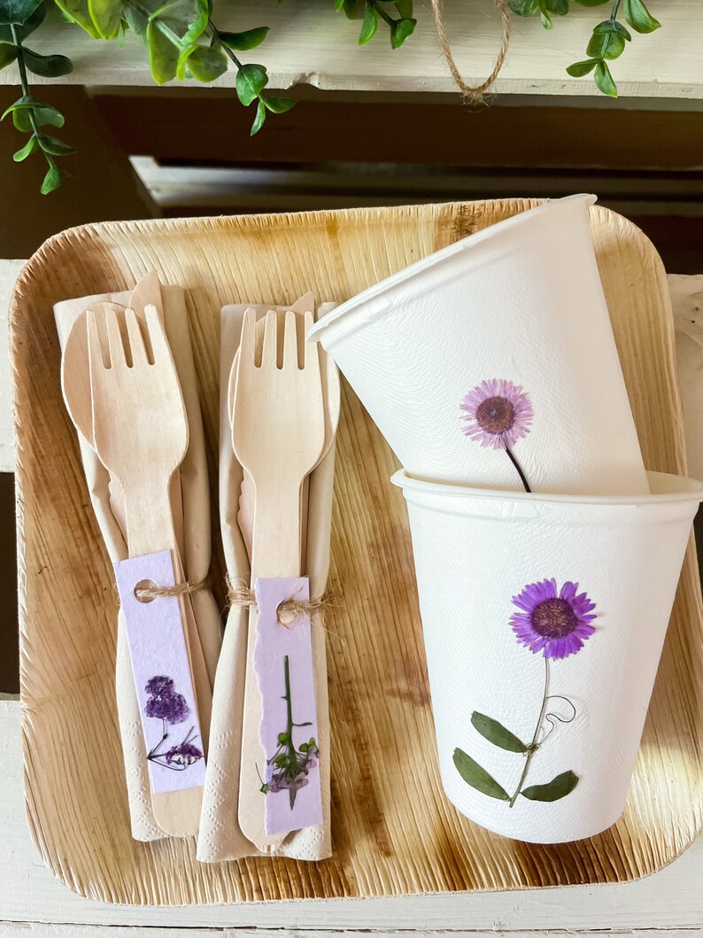 Purple Eco-Friendly Wooden Disposable Cutlery Set for 20, pre-rolled Compostable Disposable Fork Knife and Spoon, Purple Party Supplies image 1