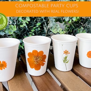Compostable Orange Floral Party Cups, Disposable Cups, Flower Party Decor, Eco-friendly Party Supplies, Compost at home image 1