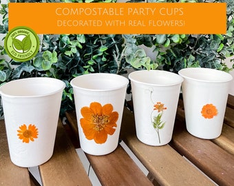 Compostable Orange Floral Party Cups, Disposable Cups, Flower Party Decor, Eco-friendly Party Supplies, Compost at home