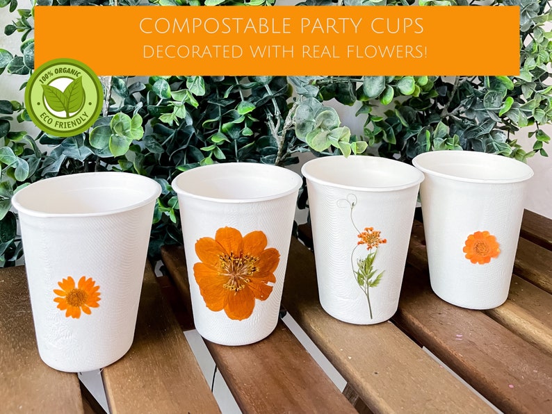 Compostable Orange Floral Party Cups, Disposable Cups, Flower Party Decor, Eco-friendly Party Supplies, Compost at home image 1