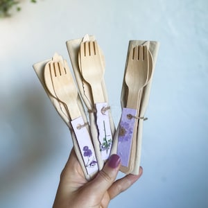 Purple Eco-Friendly Wooden Disposable Cutlery Set for 20, pre-rolled Compostable Disposable Fork Knife and Spoon, Purple Party Supplies image 2