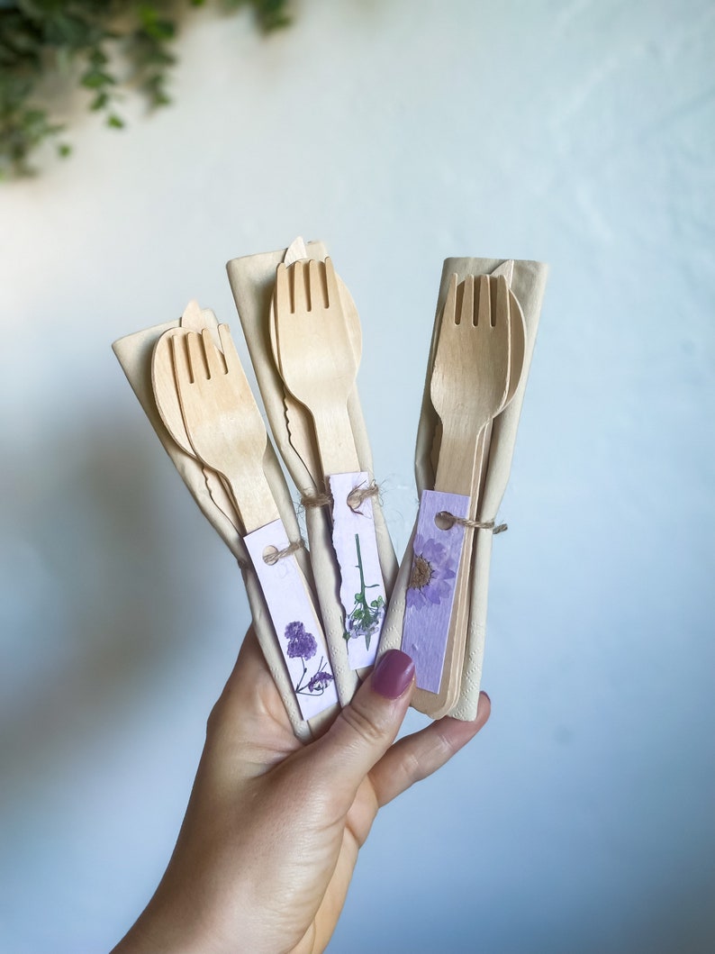 Purple Eco-Friendly Wooden Disposable Cutlery Set for 20, pre-rolled Compostable Disposable Fork Knife and Spoon, Purple Party Supplies image 2