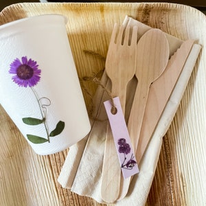Purple Eco-Friendly Wooden Disposable Cutlery Set for 20, pre-rolled Compostable Disposable Fork Knife and Spoon, Purple Party Supplies image 6