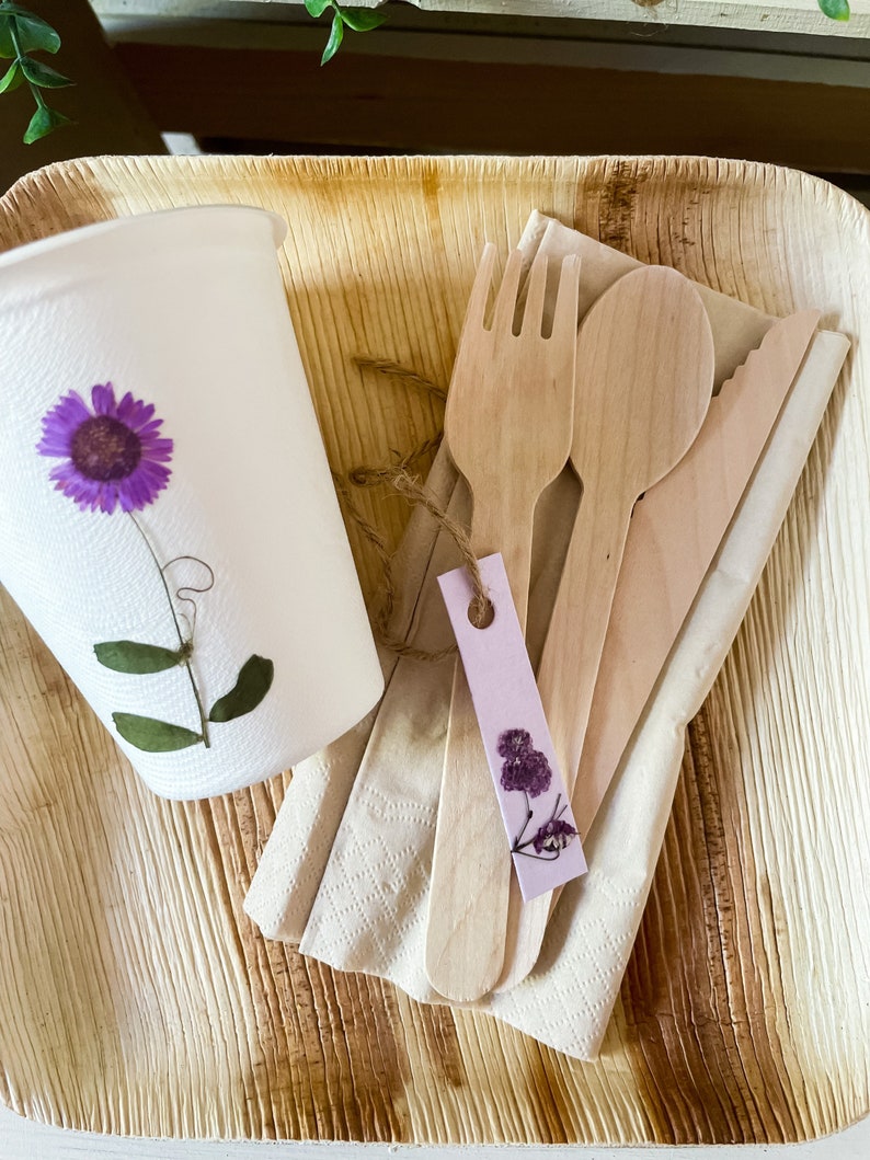 Purple Eco-Friendly Wooden Disposable Cutlery Set for 20, pre-rolled Compostable Disposable Fork Knife and Spoon, Purple Party Supplies image 6