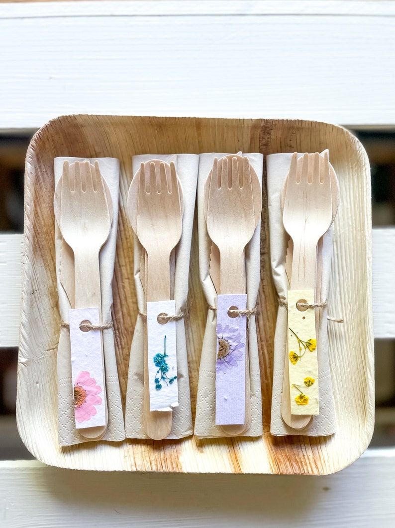 Purple Eco-Friendly Wooden Disposable Cutlery Set for 20, pre-rolled Compostable Disposable Fork Knife and Spoon, Purple Party Supplies image 7