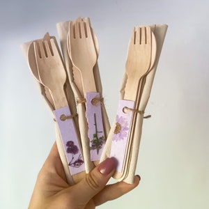 Purple Eco-Friendly Wooden Disposable Cutlery Set for 20, pre-rolled Compostable Disposable Fork Knife and Spoon, Purple Party Supplies image 3