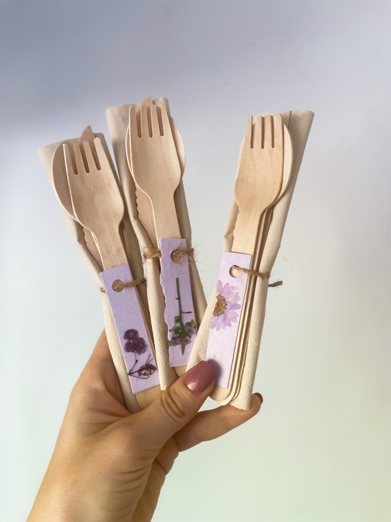 Purple Eco-Friendly Wooden Disposable Cutlery Set for 20, pre-rolled Compostable Disposable Fork Knife and Spoon, Purple Party Supplies image 3