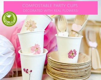 Pink Floral Party Cups, Compostable and Biodegradable, Eco-Friendly Disposable Cups, Pink Party Decor, Flower Party Decor, Wildflower Cups