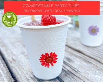 Party Cups with Red Flower Decor, Compostable and Biodegradable Cups, Eco-Friendly Disposable Cups, Red Party Cups