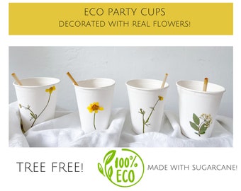 Compostable Yellow Floral Party Cups, Disposable Cups, Flower Party Decor, Eco-friendly Party Supplies, Compost at home!