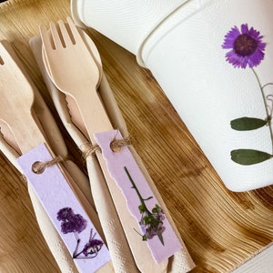 Purple Eco-Friendly Wooden Disposable Cutlery Set for 20, pre-rolled Compostable Disposable Fork Knife and Spoon, Purple Party Supplies image 5
