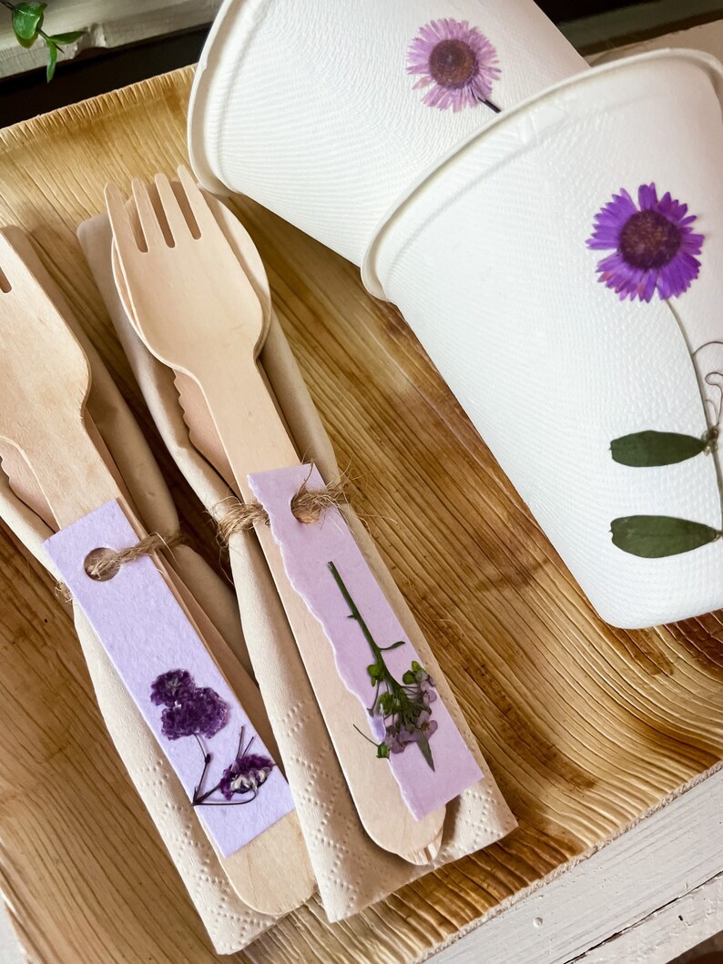 Purple Eco-Friendly Wooden Disposable Cutlery Set for 20, pre-rolled Compostable Disposable Fork Knife and Spoon, Purple Party Supplies image 5