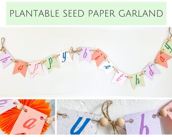 GROW FLOWERS Custom Happy Birthday Garland with Wooden Beads, made with Seed Paper, Happy Birthday Garland, Custom Name Banner