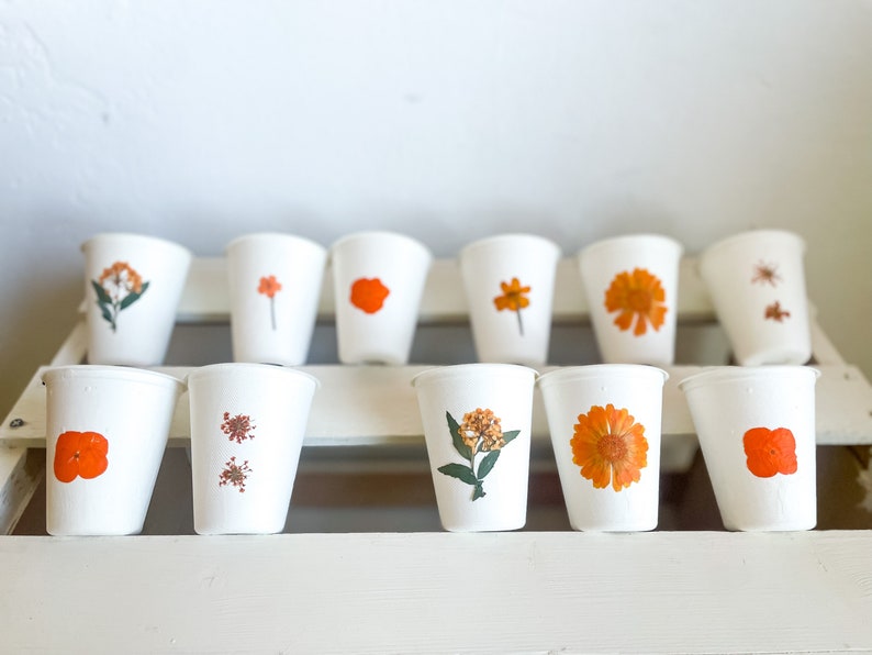 Compostable Orange Floral Party Cups, Disposable Cups, Flower Party Decor, Eco-friendly Party Supplies, Compost at home image 3