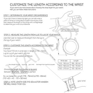 May include: A diagram showing how to measure your wrist and the length of a watch strap. The diagram includes a table with wrist sizes in centimetres and corresponding strap lengths in millimetres. The text reads "Customize the length according to the wrist" and "Choose the length from buckle to tip point between 45mm-55mm is perfect".