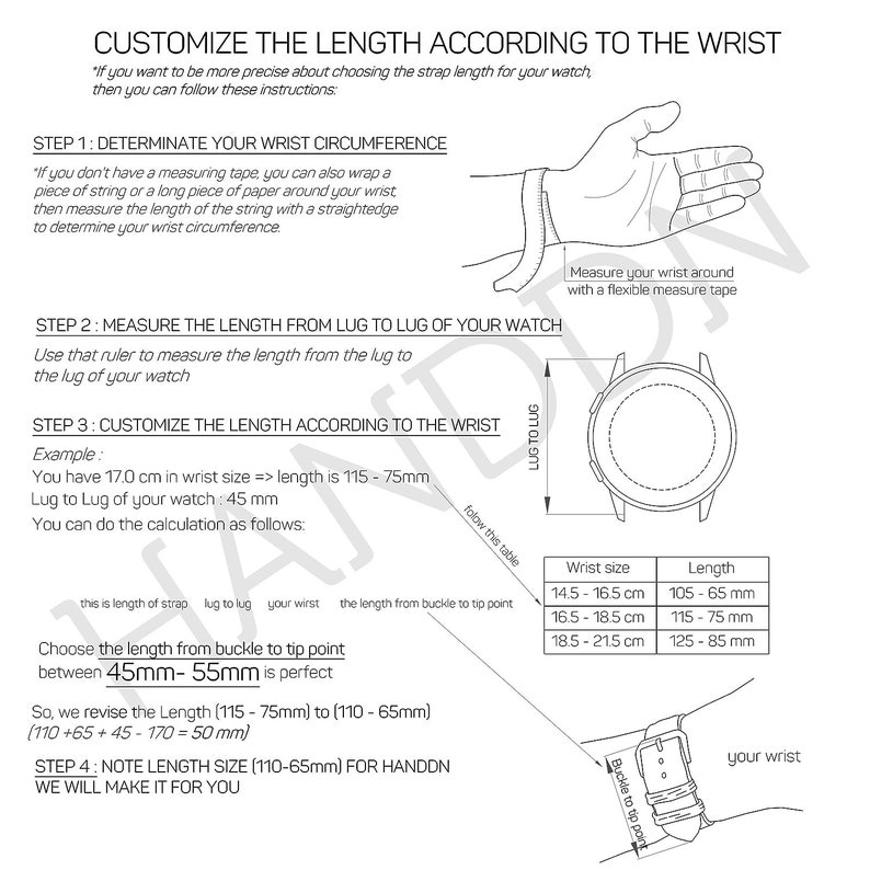 May include: A diagram showing how to measure your wrist and the length of a watch strap. The diagram includes a table with wrist sizes in centimetres and corresponding strap lengths in millimetres. The text reads "Customize the length according to the wrist" and "Choose the length from buckle to tip point between 45mm-55mm is perfect".