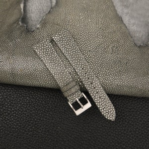 May include: A gray leather watch strap with a silver buckle. The strap is made of stingray skin and has a textured surface.