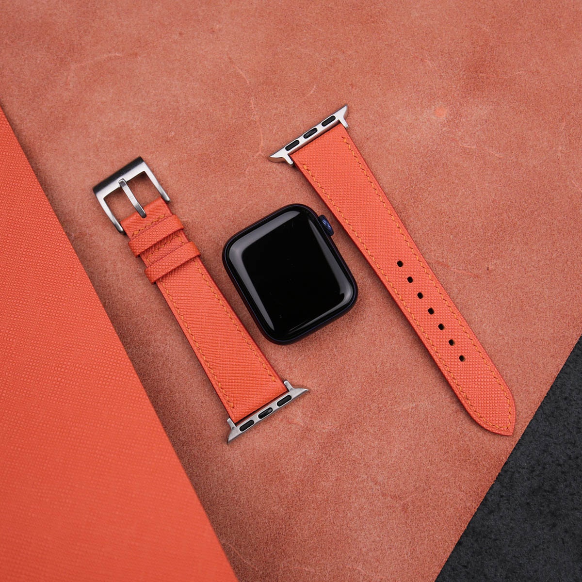 Navy Blue, White & Orange Double Tour Slim Band Apple iWatch Hermes In  Leather