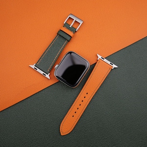 2 Tone Forest Orange Epsom Leather Apple Watch Band 38mm, 40mm, 41mm, 42mm, 44mm, 45mm For All Series, Leather Apple Watch Strap