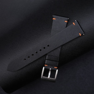 Handmade Vintage Black Saffiano Leather Watch Strap, Slim Saffiano Watch Bands 18mm 19mm 20mm 21mm 22mm 23mm
