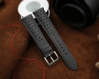 Handmade Black Calfskin Rally Leather Watch Strap Band