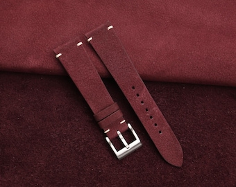 Vintage Burgundy Nubuck Leather Watch Strap, Slim Calfskin Band