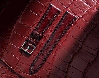 Handdn Patina Bordeaux Alligator Leather Watch Strap, Handmade Alligator Bordeaux Strap Bands 16mm 19mm 18mm 20mm 22mm 23mm