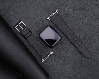 Handmade Black Saffiano Leather Apple Watch Band 38mm, 40mm, 41mm, 42mm, 44mm, 45mm For All Series, Leather Apple Watch Strap