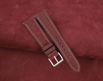 Handmade Burgundy Nubuck Leather Watch Strap, Classic Calfskin Band