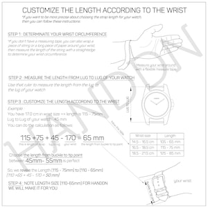 May include: Diagram with instructions for measuring wrist size and watch strap length. Includes steps for determining wrist circumference, measuring lug-to-lug distance, and calculating strap length. Features a watch illustration and measurement table.