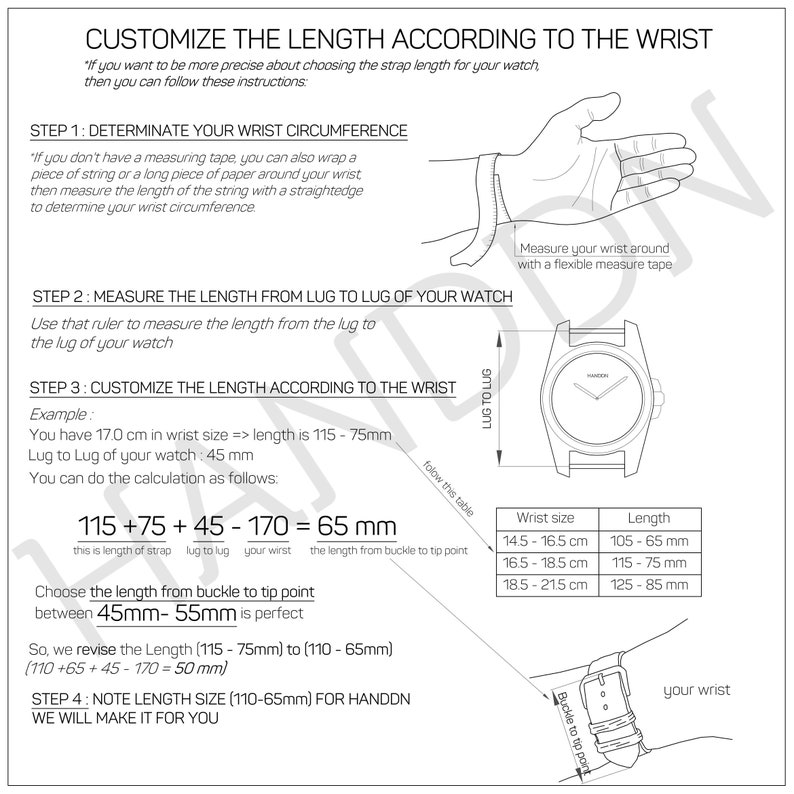 May include: Diagram with instructions for measuring wrist size and watch strap length. Includes steps for determining wrist circumference, measuring lug-to-lug distance, and calculating strap length. Features a watch illustration and measurement table.