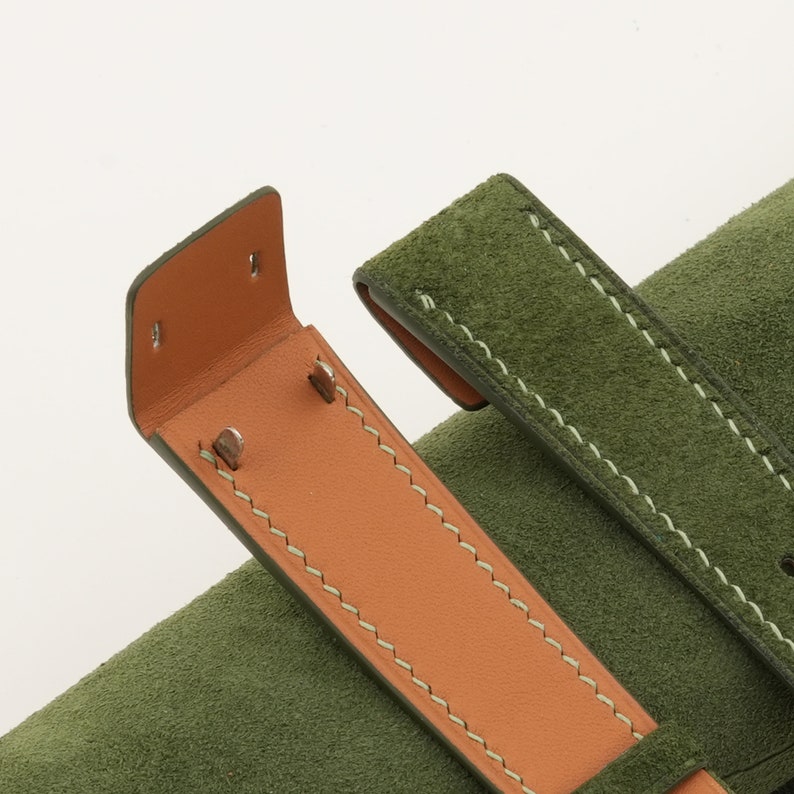 Fixed Strap Fixed Bars Green Suede Leather Watch Strap, Open Ends Handmade Strap ...