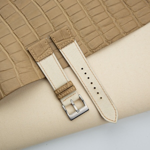 Handmade Folded Edges Cream Sailcloth Mix Alligator Watch Strap, Sailcloth Beige Strap Band 18mm 19mm 20mm 22mm Customize Any Size