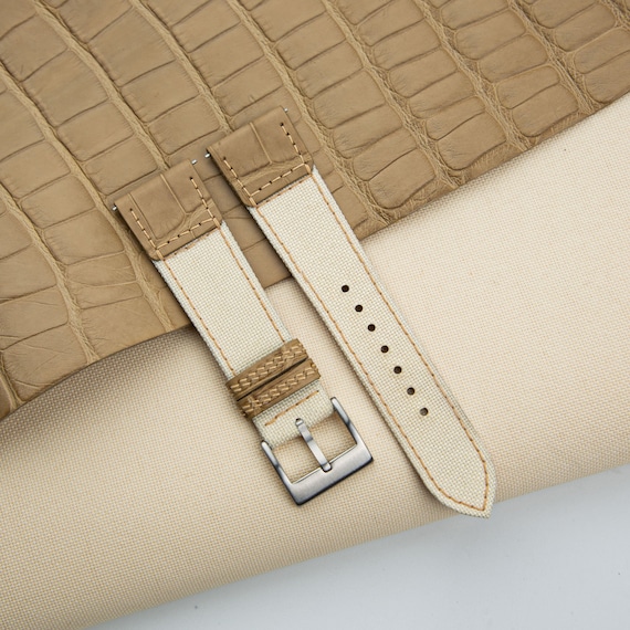 Handmade Folded Edges Cream Sailcloth Mix Alligator Watch Strap, Sailcloth Beige Strap Band 18mm 19mm 20mm 22mm Customize Any Size