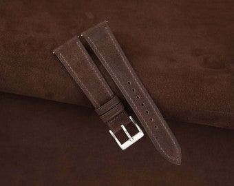 Handmade Chocolate Nubuck Leather Watch Strap, Classic Calfskin Band 16-24mm