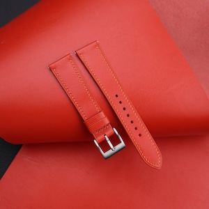 Handmade Box Calf Red Leather Watch Strap Slim Style, Red Box Calf Watch Strap 18mm 19mm 20mm 21mm 22mm