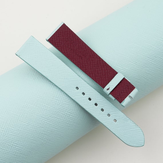 Vintage Turquoise Saffiano Leather Watch Strap, Handmade, Red Lining